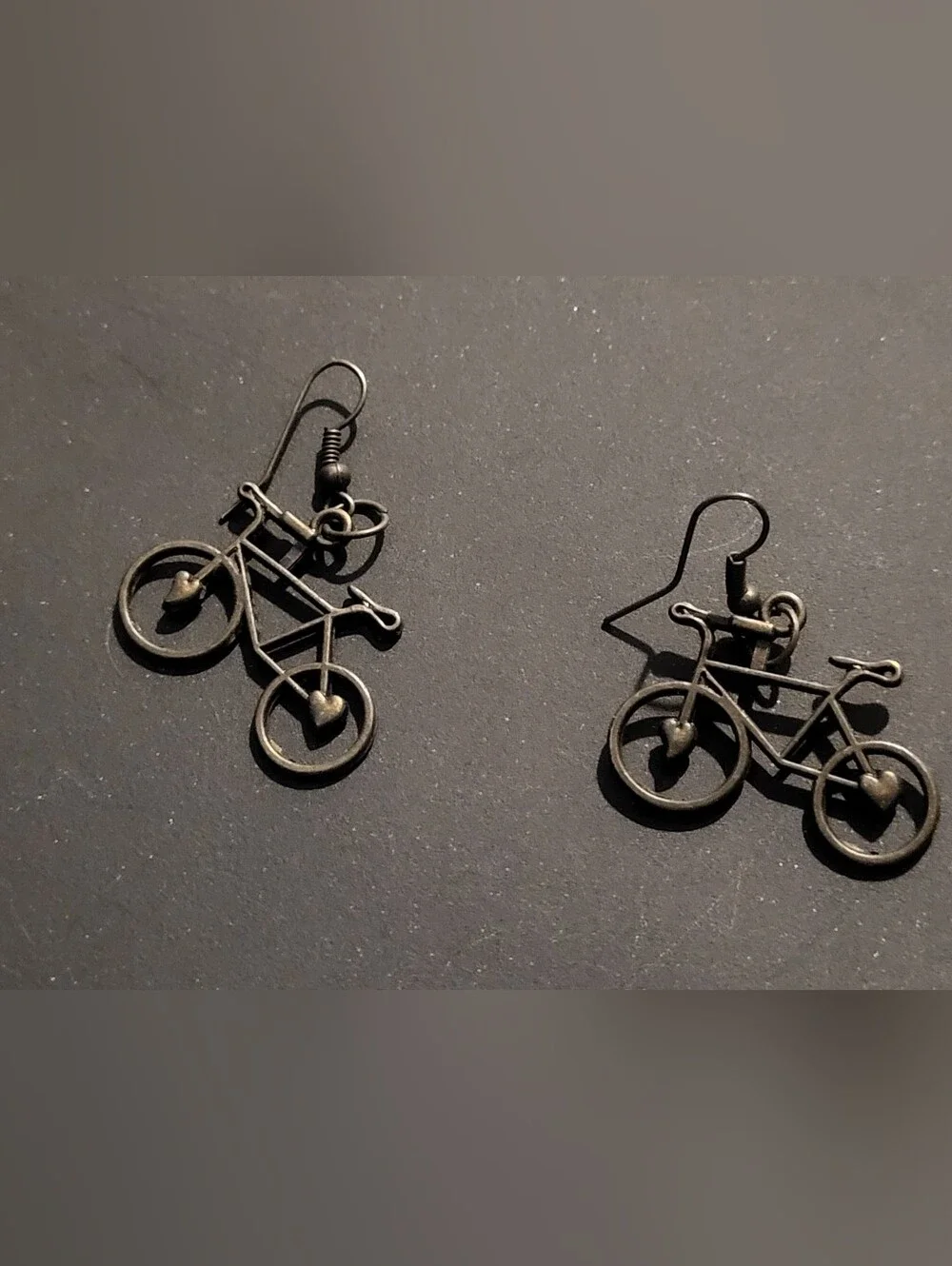 Antique Bronze Tone Bicycle Earrings | Heart Wheels Dangles